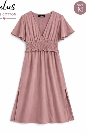 Lulus 100% Cotton Midi Dress Women's M Mauve Flutter Sleeve Smocked Waist V Neck thumbnail 1