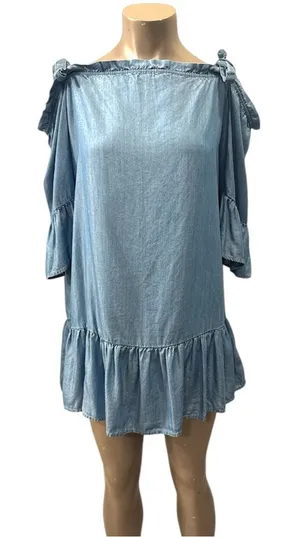 RARE💎 Crown & Ivy| XS | Tie Strap Cold Shoulder Bell Sleeve Chambray Mini Dress thumbnail 1
