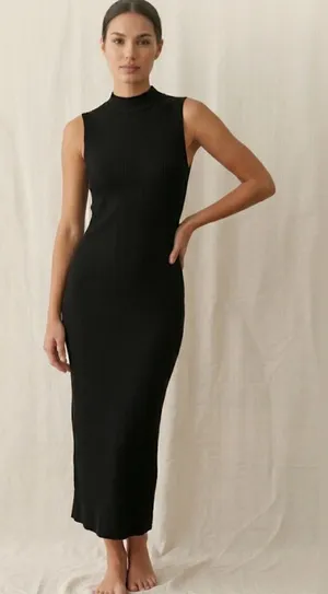 Leith women’s size M Black Ribbed Mock Neck Sleeveless Midi Dress (E76) thumbnail 1