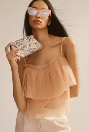 Anthropologie Pleated Tulle Tank in Peachy Pink Balletcore Whimsical Size Medium thumbnail 1