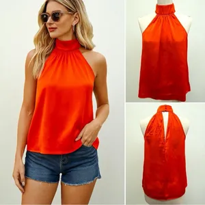 383 Express | NWOT Orange Satin Mock Neck Halter Top (size XS) thumbnail 2