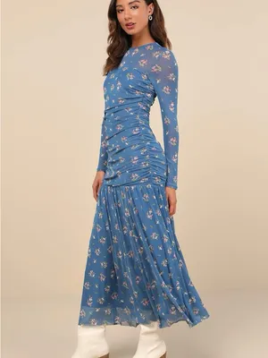 Lulu’s Easy Delight Blue Floral Drop Waist Maxi Dress M thumbnail 3