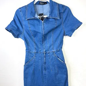 NEW Lucky & Blessed Denim Stretchy Short Sleeve Zip Up Flare Leg Jumpsuit XS thumbnail 7