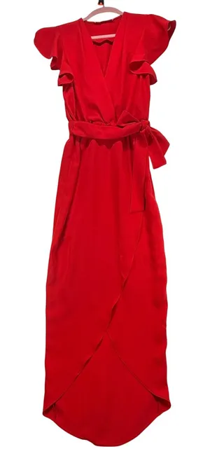 Amanda Uprichard Maxi Dress Ruffle Sleeve‎ Wrap Red Dress Party Cocktail Size P thumbnail 1
