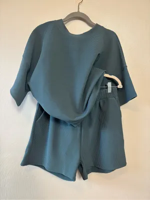 Zenana Women's Set Shorts Shirt Causal Ribbed Pockets Elastic Green Size Large thumbnail 1