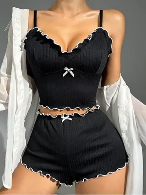 New Boutique Women's black Bow Knot Ruffle Trim Sleepwear Set. Size Medium thumbnail 2