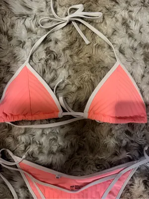 Aerie Coral Ribbed Triangle Bikini with White Trim thumbnail 4