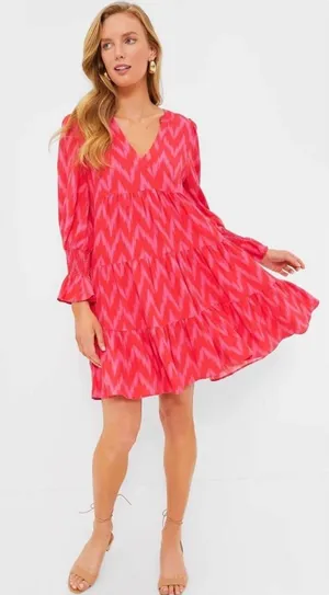 Tuckernuck Pomander Place Kenzo Pink-Red Zigzag Smocked Sleeve Tiered Dress, M thumbnail 1