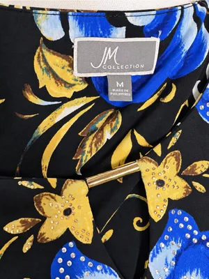 JM Collection Floral Rhinestone Keyhole Tunic Top M Black Blue Gold Floral Glam thumbnail 7