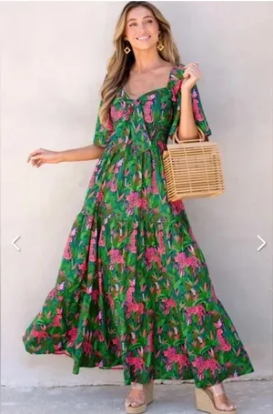 Peach and love California Dress Vibrant Green and Pink Maxi Dress thumbnail 1