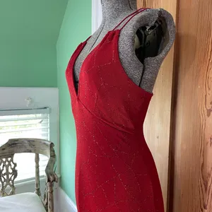 J USA Red Beaded Strappy Back Y2K Maxi Evening Dress Vintage 90’s Sz Large💛🍄 thumbnail 6
