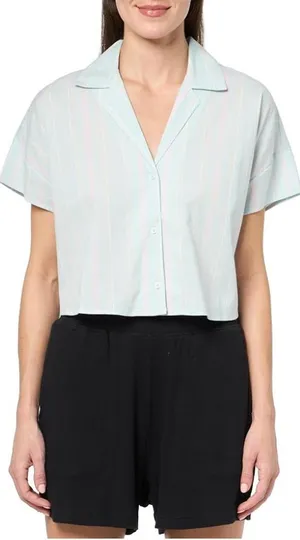 New Florence By Mills Cotton Stripe Short Sleeve Button Top Size Small Seagrass thumbnail 1
