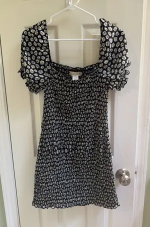 Altar'd State Ruched Sunflower Dress Sz L Puff Sleeve Y2K Vibes Black Mini thumbnail 1