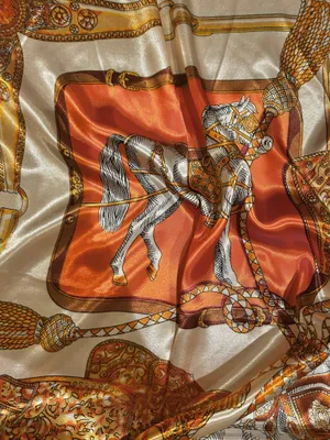 VINTAGE Equestrian ivory/ORANGE Horses&Tassels Print silky Scarf 35’/35’ thumbnail 5