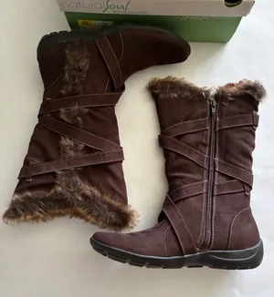 Natural Soul by Naturalizer Brown Faux-Fur Trim Mid-Calf Heeled Boots thumbnail 1