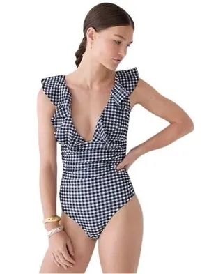 NWT J.Crew Gingham Ruched Ruffle One-Piece Swimsuit Womens Size 12 Blue White thumbnail 1
