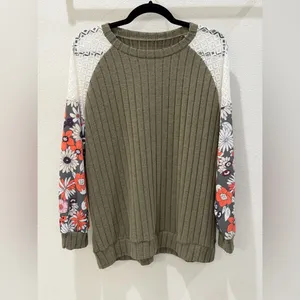 Olive Green Floral Patchwork Blouse Ribbed Lace Balloon Sleeve Whimsigoth XL thumbnail 9
