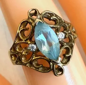 Vintage Sterling Silver Gold Vermeil Filigree Ring Blue Marquise Stone 925 Ring thumbnail 1