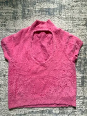 Worn Once Anthropologie Maeve Fuzzy Short-Sleeve Mock Neck Sweater in Hot Pink thumbnail 2