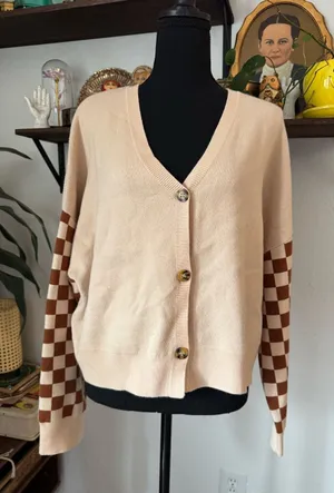 NWT Tan & Brown Checkered Mountain Scene Button Down Cardigan Sweater thumbnail 1