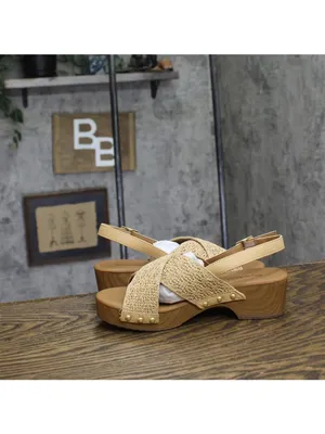 NWT Style & Co. Wood Criss Cross Heeled Sandals Creme Off White / Tan Brown 5M thumbnail 7