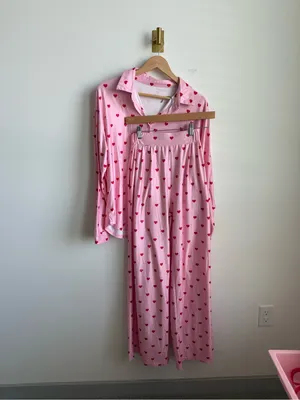 Pink Red Heart Print Matching Pajama Set Button Down Wide Leg Pants Size Medium thumbnail 2