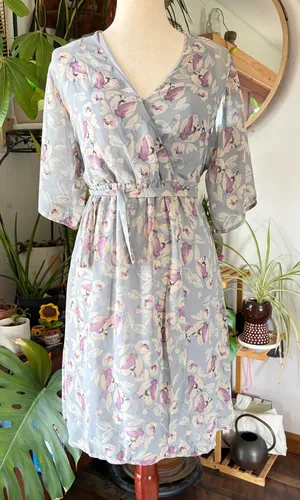 Sienna Sky Floral Faux Wrap Midi Dress M Blue Purple Cottagecore Fairycore Soft‎ thumbnail 1