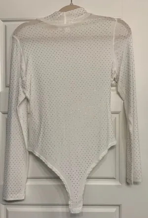 Nylon Apparel White Rhinestone Body Suit thumbnail 1