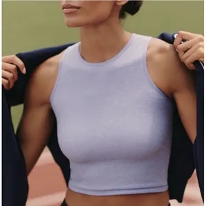 Anthropologie THE REEGAN SEAMLESS LUREX RIBBED CROPPED TANK TOP Shimmer Blue XS thumbnail 1