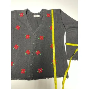 Victoria Jones VintageSweater Poinsettia Cardigan Beaded Christmas Grandma M thumbnail 5