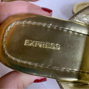 Express Gold Faux Leather With Clear Plastic Crystals Thong Sandals (8) thumbnail 10