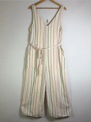 American Eagle Women’s Sz M Striped Cotton Linen Wide Leg Jumpsuit Boho Coastal thumbnail 2