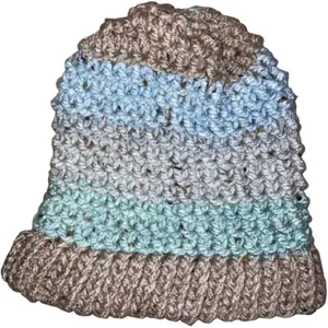 Handmade multicolored knit beanie hat for adults Blue thumbnail 1