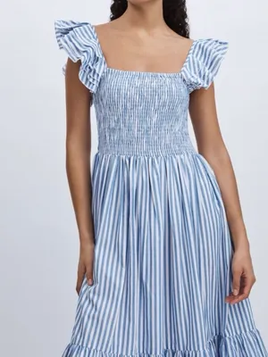 Mille Olympia Linen Midi Dress Size Small Smocked Tiered Ruffle Sleeve thumbnail 2