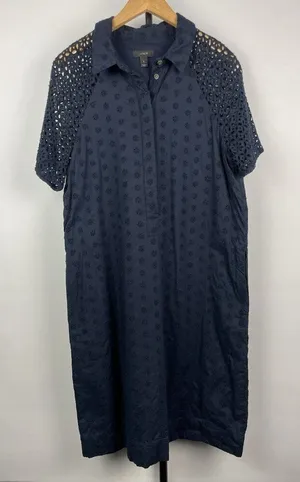 J. Crew Navy Blue Eyelet Short Sleeve Pockets Pop Over Shirt Dress Size 6‎ thumbnail 1