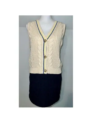 NEW American Eagle Cable Knit Button Vest, Size M, Beige and Blue thumbnail 2