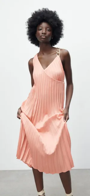 NEW ZARA Pleated Dress with Chain Strap Peach Midi Gold Faux Wrap Surplice XS thumbnail 1