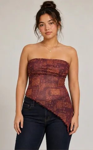 Ruby & Jewell Los Angeles Asymmetrical Mesh Tube Top Brown Paisley Size L NWT thumbnail 1