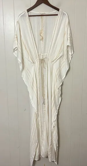Lovestitch White Striped Kimono Cover Up S/M Boho Beach Caftan Tassel Tie thumbnail 1