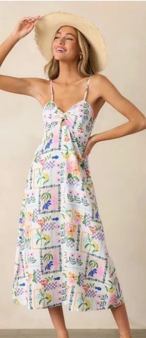 MINKPINK Nikita Twist Ivory Picnic Midi Dress Twist Flowy Smock Small NWOT thumbnail 1