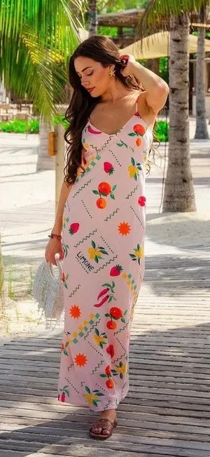 Petal&Pup Pink Fruit Print Frutti Tutti Maxi Slip Dress Sz.XL thumbnail 1