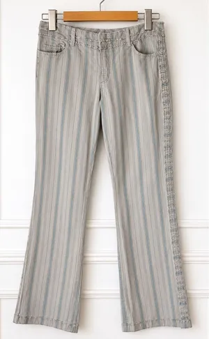 American‎ Eagle Striped Pants Women 10 Gray Blue Frayed Raw Edge Flare Retro thumbnail 1