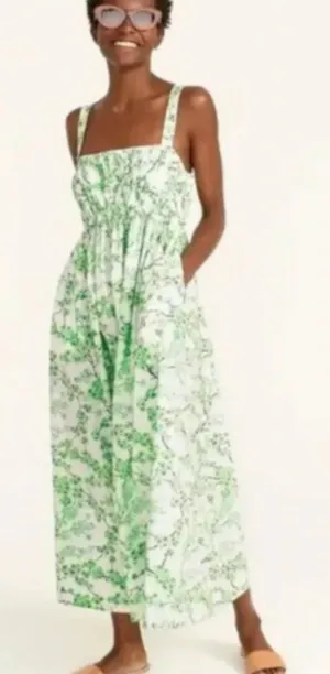 J. Crew Gathered Tank Midi Dress Lime Cherry Blossoms Smocked Cotton Size 8 NWT thumbnail 1