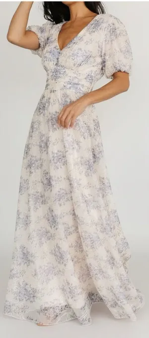 NWT Baltic Born S Ardley Maxi Dress Cream & Blue Floral‎ Sheer Overlay Babydoll thumbnail 1