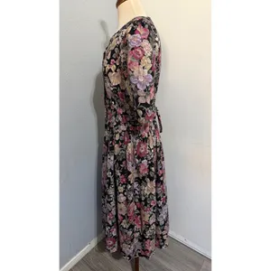 Miss Dorby Vintage 90s Floral Midi Dress L Black Purple Button‎ Front USA Made thumbnail 14
