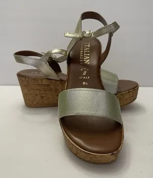 Italian Shoemakers Sandals Womens 8.5 Ankle Strap Gold Open‎ Toe Wedge Heels thumbnail 1