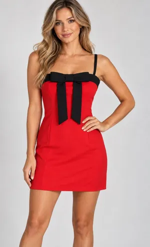 Wild Fable Red Mini Dress Black Bow Adjustable Straps Size S NWT Parisian Chic thumbnail 1