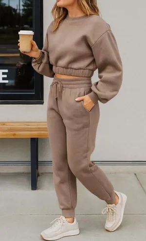 Zenana 2 Pcs Crop Sweatshirt Tracksuit Jogger Pants Set Outfit Active Loungewear Beige Size L thumbnail 1