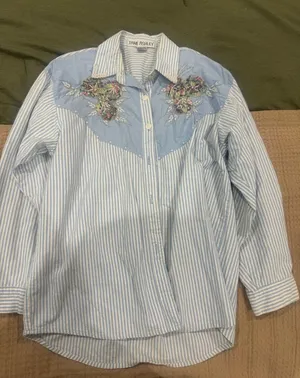 Jane Ashley Blue & White Striped Embroidered Western Button-Down thumbnail 1