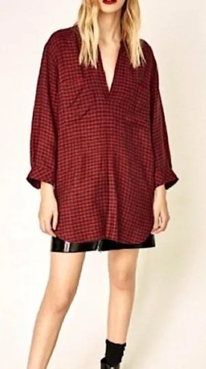 Zara Checkered‎ Plaid Long Sleeve Tunic Dress XS thumbnail 1